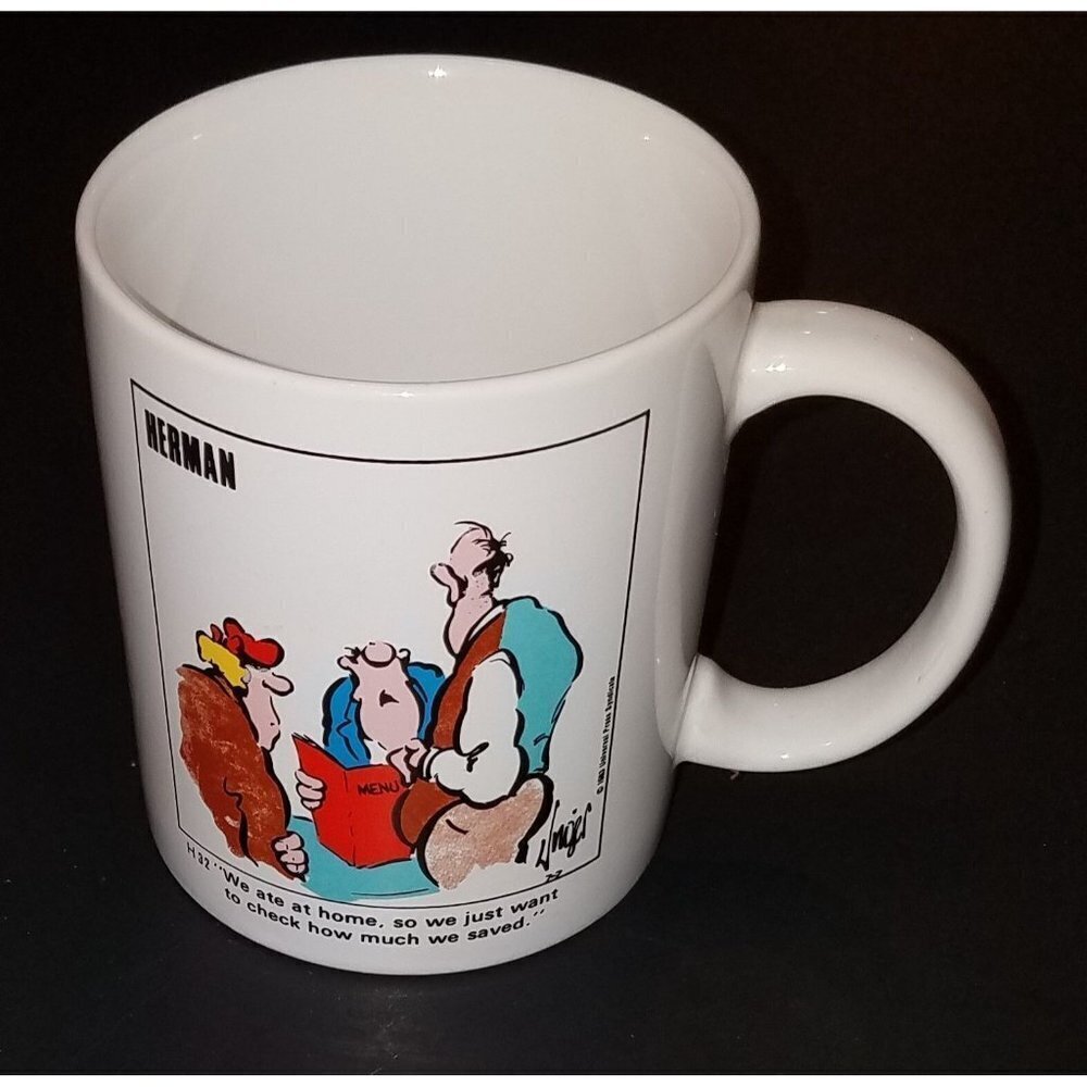 VTG Herman Mug Coffee Cup Comic Jim Unger We Ate Home Check How Much Saved RARE